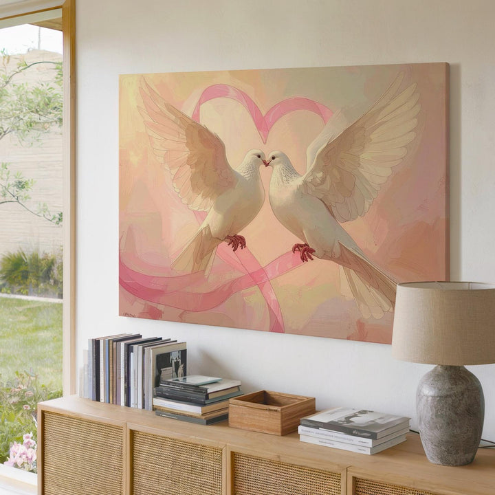 Doves & Heart Ribbon Canvas – Pastel Symbol of Love, Peace & Unity - Gifitto
