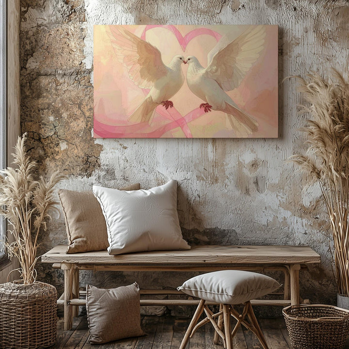 Doves & Heart Ribbon Canvas – Pastel Symbol of Love, Peace & Unity - Gifitto