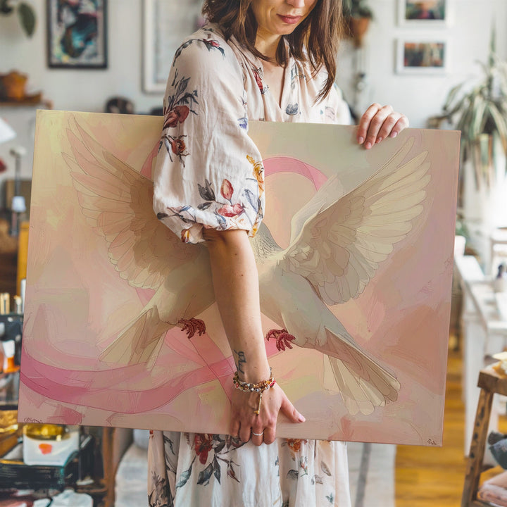 Doves & Heart Ribbon Canvas – Pastel Symbol of Love, Peace & Unity - Gifitto