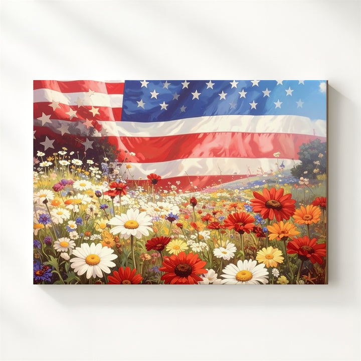 Meadow & Flag Overlay Canvas – Dreamy Patriotic Wildflower Landscape Art - Gifitto