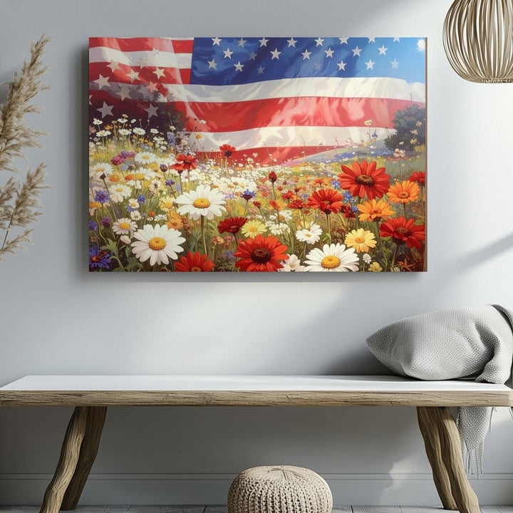 Meadow & Flag Overlay Canvas – Dreamy Patriotic Wildflower Landscape Art - Gifitto