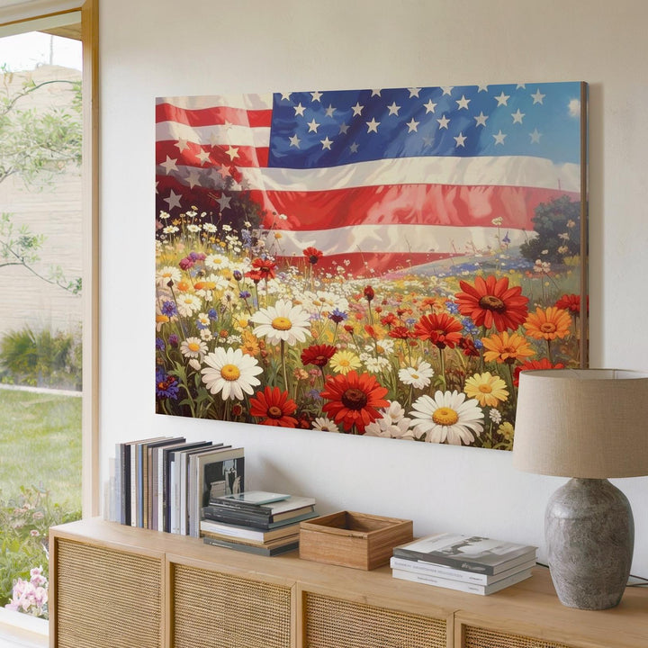 Meadow & Flag Overlay Canvas – Dreamy Patriotic Wildflower Landscape Art - Gifitto