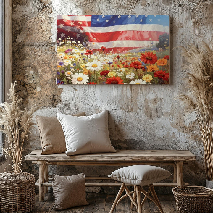 Meadow & Flag Overlay Canvas – Dreamy Patriotic Wildflower Landscape Art - Gifitto