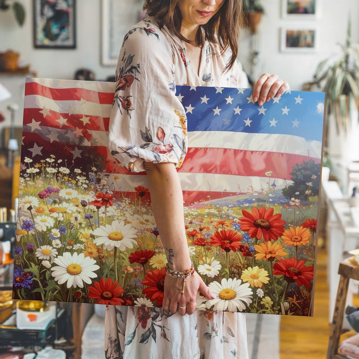 Meadow & Flag Overlay Canvas – Dreamy Patriotic Wildflower Landscape Art - Gifitto