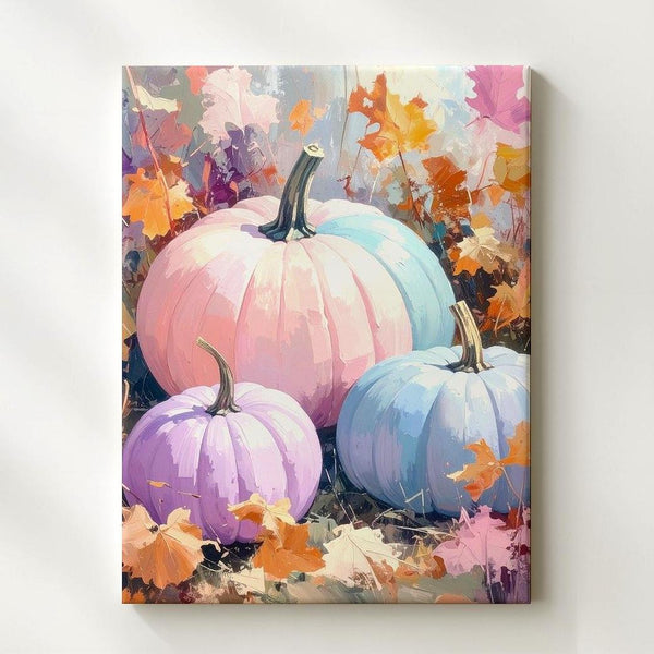 Fantasy Harvest Pumpkin Canvas – Pastel Autumn Wall Art with Leaves - Gifitto
