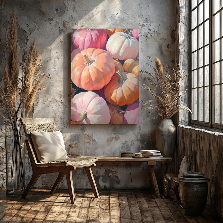 Blush & Cream Pumpkin Pile Canvas – Warm Fall Harvest Wall Art - Gifitto