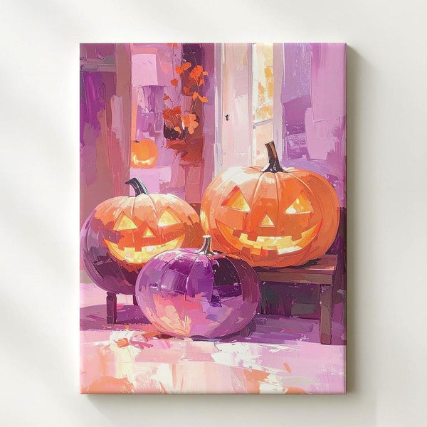 Dreamy Jack-o’-Lantern Bench Canvas – Impressionist Halloween Interior Art - Gifitto