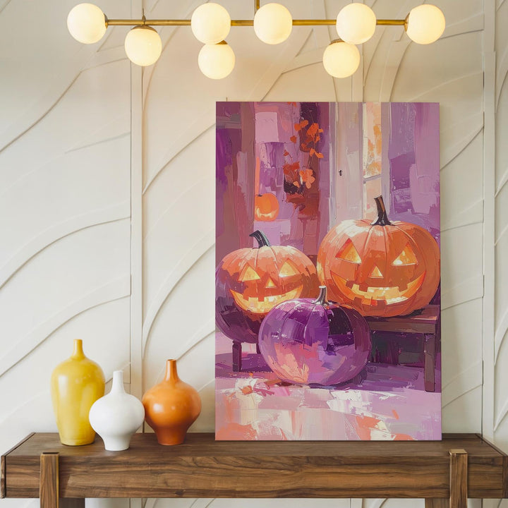 Dreamy Jack-o’-Lantern Bench Canvas – Impressionist Halloween Interior Art - Gifitto
