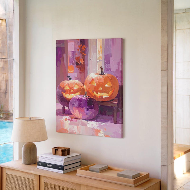 Dreamy Jack-o’-Lantern Bench Canvas – Impressionist Halloween Interior Art - Gifitto