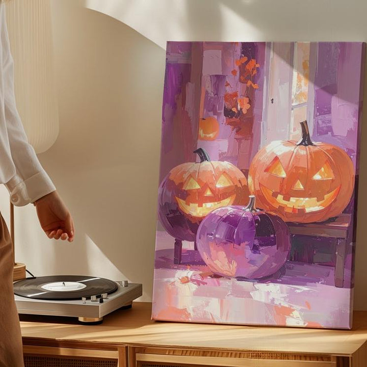 Dreamy Jack-o’-Lantern Bench Canvas – Impressionist Halloween Interior Art - Gifitto