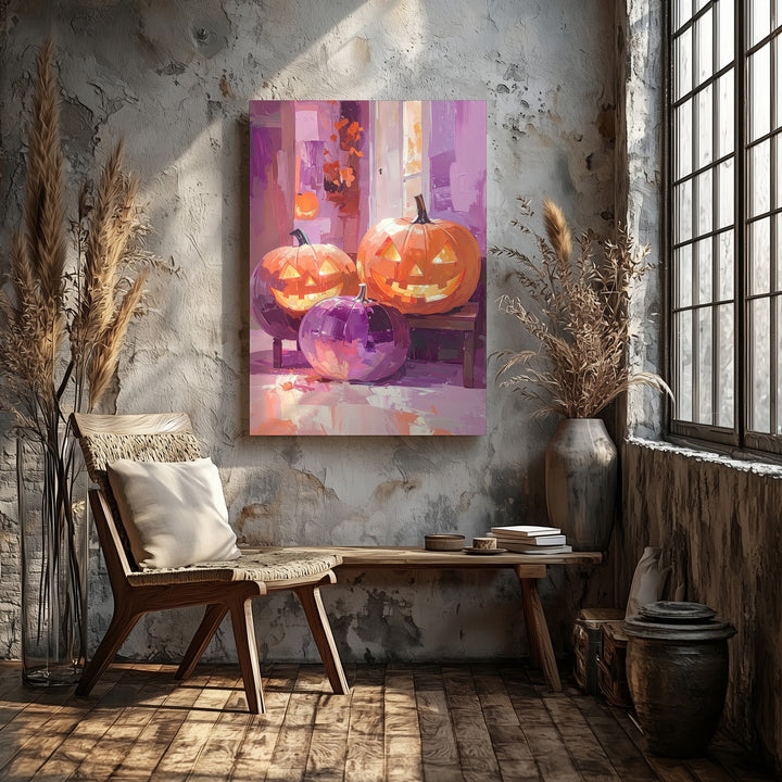Dreamy Jack-o’-Lantern Bench Canvas – Impressionist Halloween Interior Art - Gifitto
