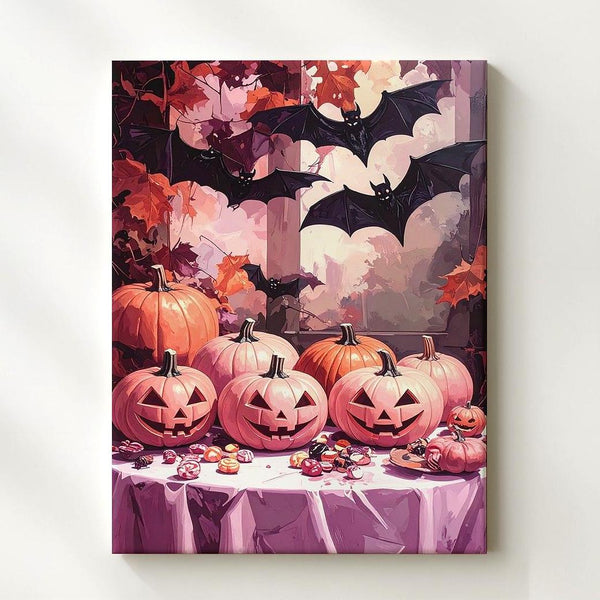 Elegant Haunted Evening Canvas – Pale Pumpkins & Halloween Candies Art - Gifitto