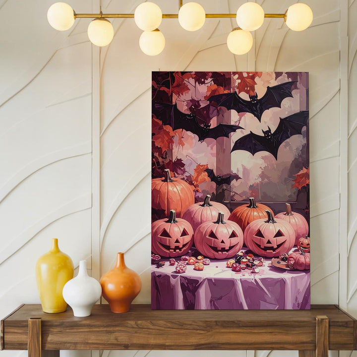 Elegant Haunted Evening Canvas – Pale Pumpkins & Halloween Candies Art - Gifitto