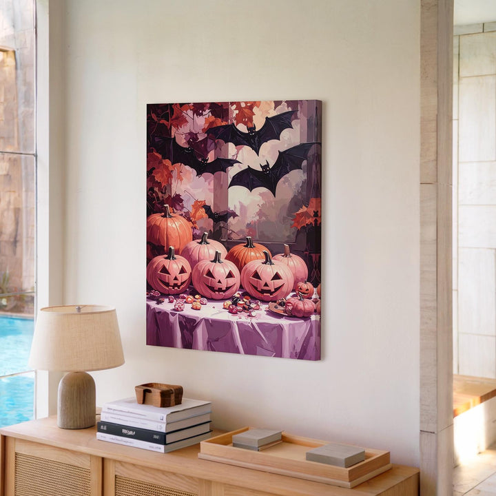 Elegant Haunted Evening Canvas – Pale Pumpkins & Halloween Candies Art - Gifitto