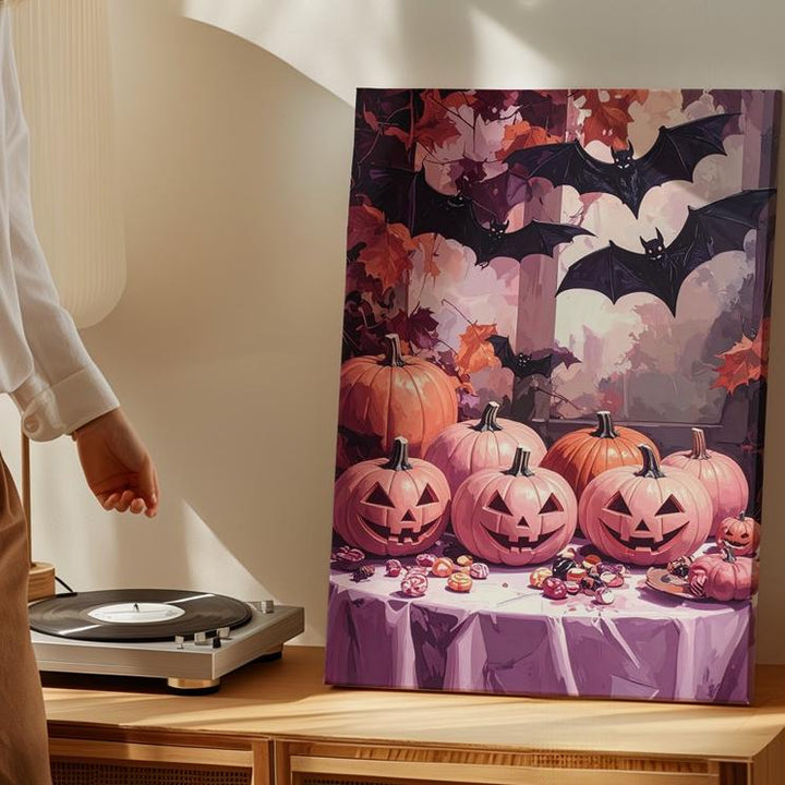 Elegant Haunted Evening Canvas – Pale Pumpkins & Halloween Candies Art - Gifitto