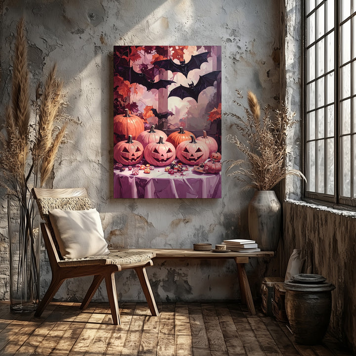 Elegant Haunted Evening Canvas – Pale Pumpkins & Halloween Candies Art - Gifitto