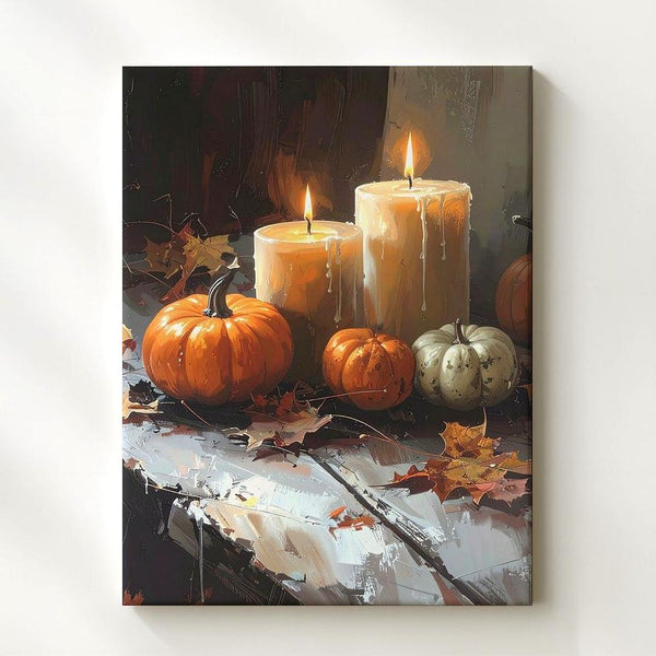 Warm Autumn Still Life Canvas – Candles, Pumpkins & Rustic Table Decor - Gifitto