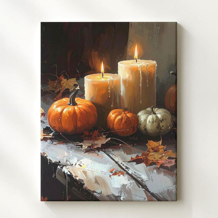 Warm Autumn Still Life Canvas – Candles, Pumpkins & Rustic Table Decor - Gifitto