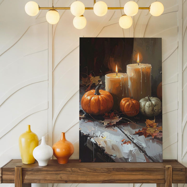 Warm Autumn Still Life Canvas – Candles, Pumpkins & Rustic Table Decor - Gifitto