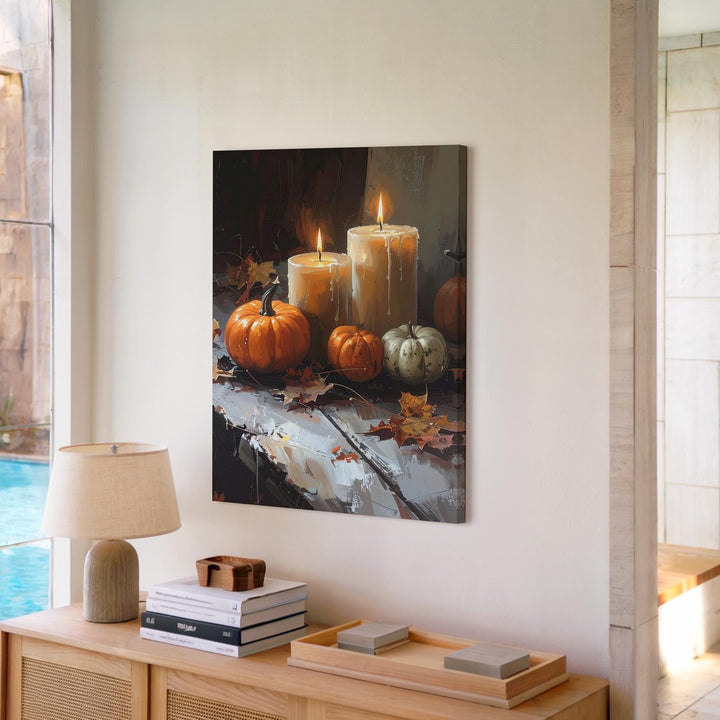 Warm Autumn Still Life Canvas – Candles, Pumpkins & Rustic Table Decor - Gifitto