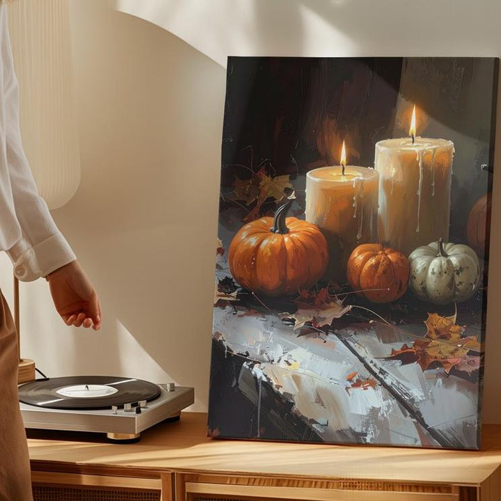 Warm Autumn Still Life Canvas – Candles, Pumpkins & Rustic Table Decor - Gifitto