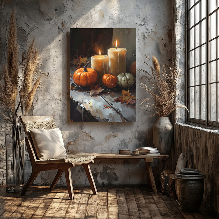 Warm Autumn Still Life Canvas – Candles, Pumpkins & Rustic Table Decor - Gifitto