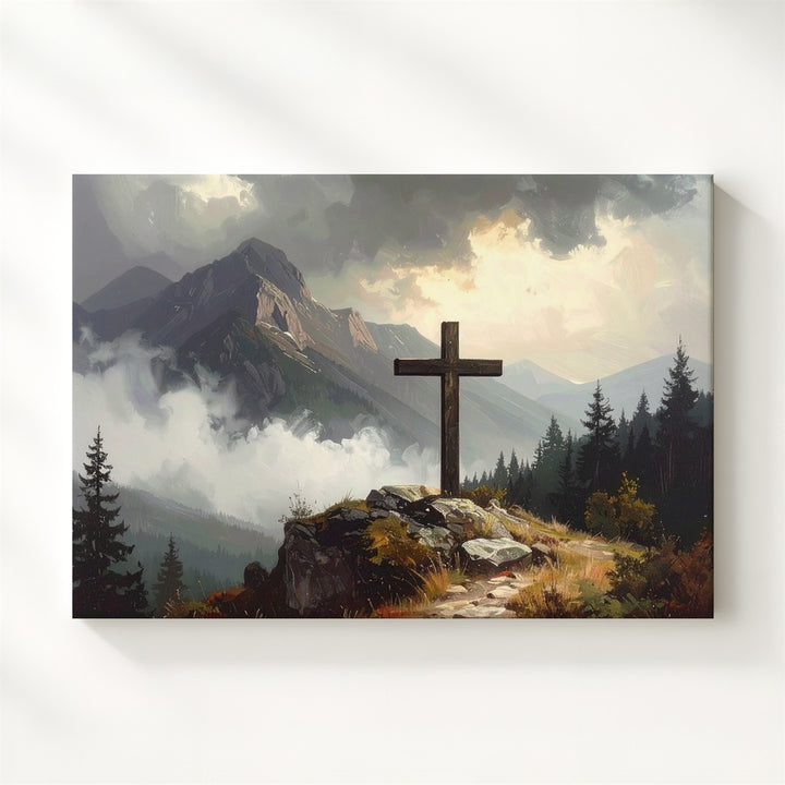 Mountain Peak Cross Canvas – Moody Sacred Landscape Wall Art - Gifitto