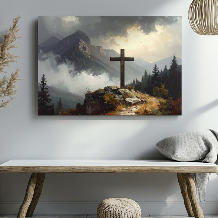 Mountain Peak Cross Canvas – Moody Sacred Landscape Wall Art - Gifitto