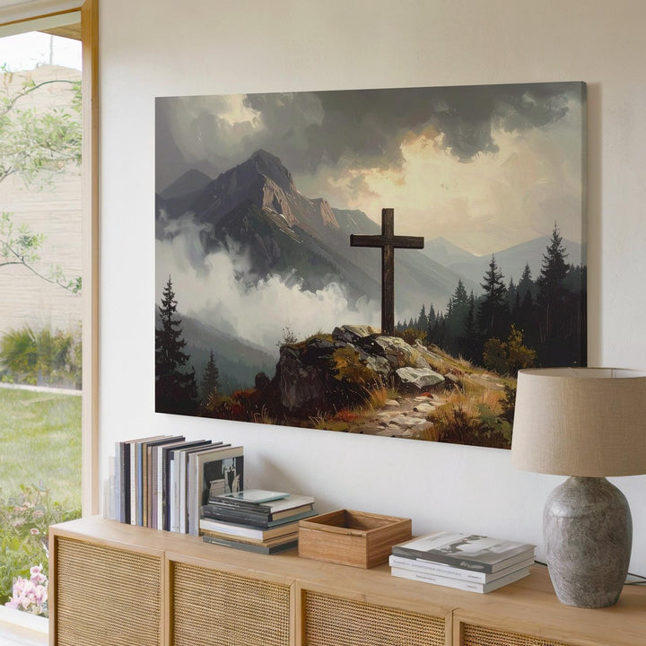 Mountain Peak Cross Canvas – Moody Sacred Landscape Wall Art - Gifitto