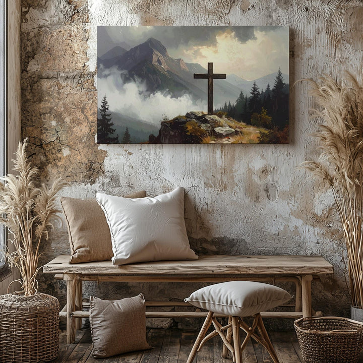 Mountain Peak Cross Canvas – Moody Sacred Landscape Wall Art - Gifitto