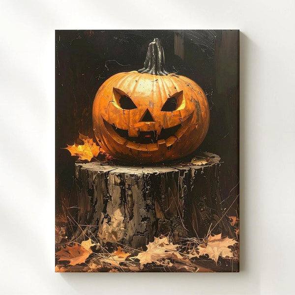 Gothic Jack-O'-Lantern Canvas – Menacing Pumpkin on Tree Stump Halloween Art - Gifitto
