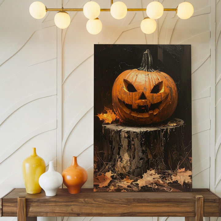 Gothic Jack-O'-Lantern Canvas – Menacing Pumpkin on Tree Stump Halloween Art - Gifitto