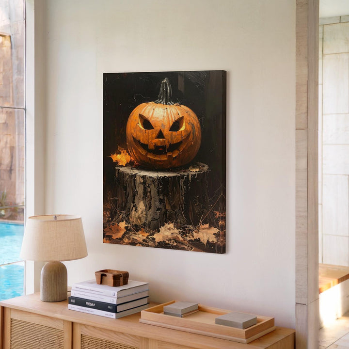 Gothic Jack-O'-Lantern Canvas – Menacing Pumpkin on Tree Stump Halloween Art - Gifitto
