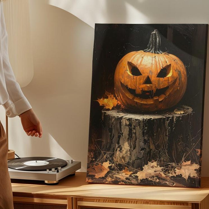 Gothic Jack-O'-Lantern Canvas – Menacing Pumpkin on Tree Stump Halloween Art - Gifitto
