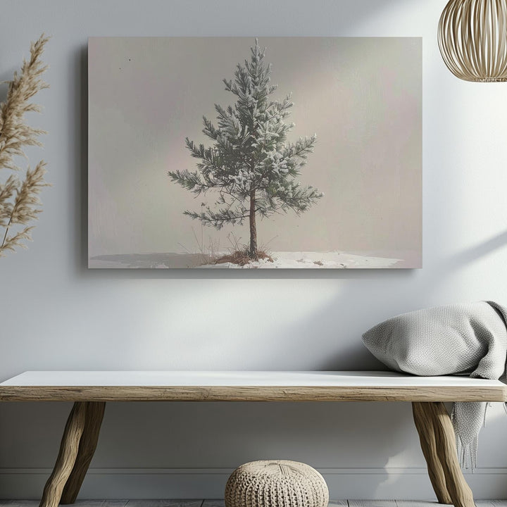 Solitary Pine Tree Canvas – Minimalist Frosted Winter Nature Art - Gifitto
