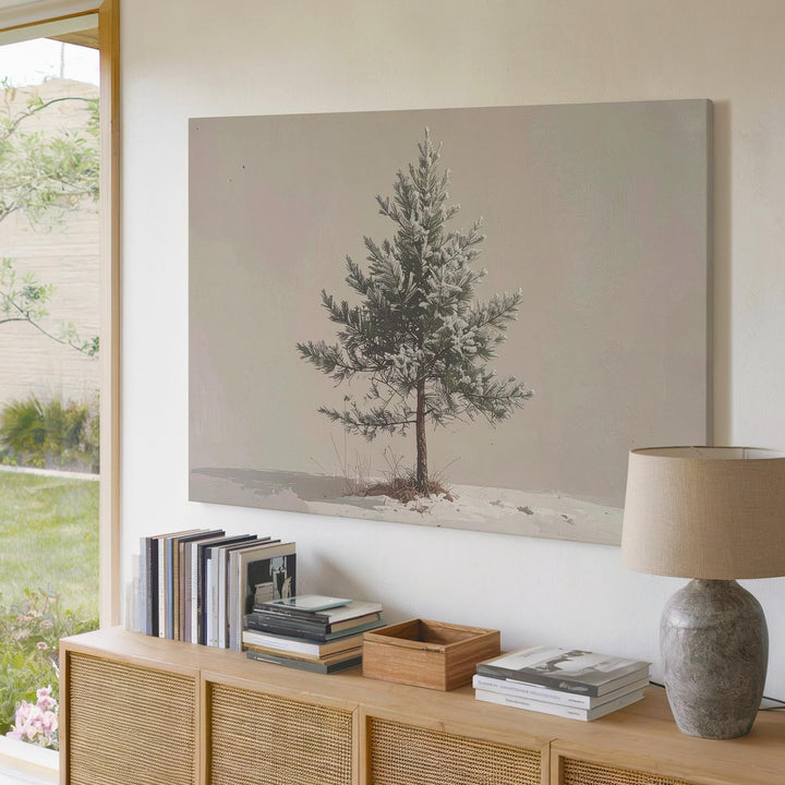 Solitary Pine Tree Canvas – Minimalist Frosted Winter Nature Art - Gifitto