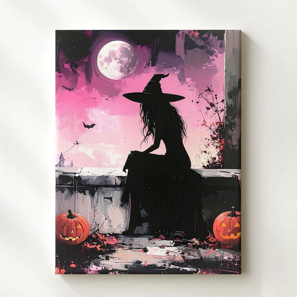 Solitary Witch & Crescent Moon Canvas – Quiet Magic Halloween Wall Art - Gifitto