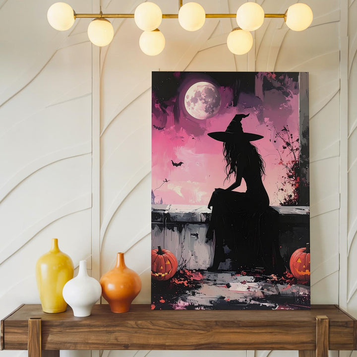 Solitary Witch & Crescent Moon Canvas – Quiet Magic Halloween Wall Art - Gifitto
