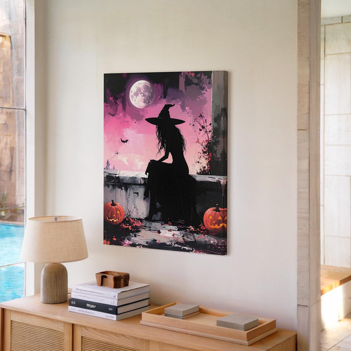 Solitary Witch & Crescent Moon Canvas – Quiet Magic Halloween Wall Art - Gifitto