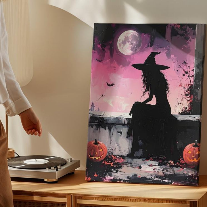 Solitary Witch & Crescent Moon Canvas – Quiet Magic Halloween Wall Art - Gifitto