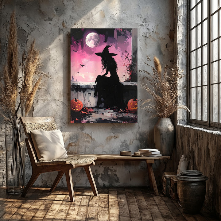 Solitary Witch & Crescent Moon Canvas – Quiet Magic Halloween Wall Art - Gifitto