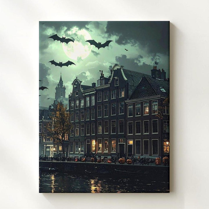 Haunted Town Silhouette Canvas – Moody Green Halloween Wall Art - Gifitto