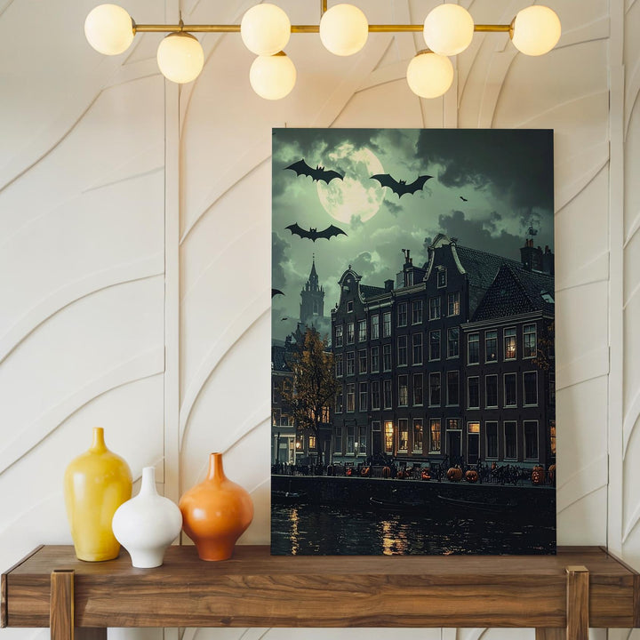 Haunted Town Silhouette Canvas – Moody Green Halloween Wall Art - Gifitto