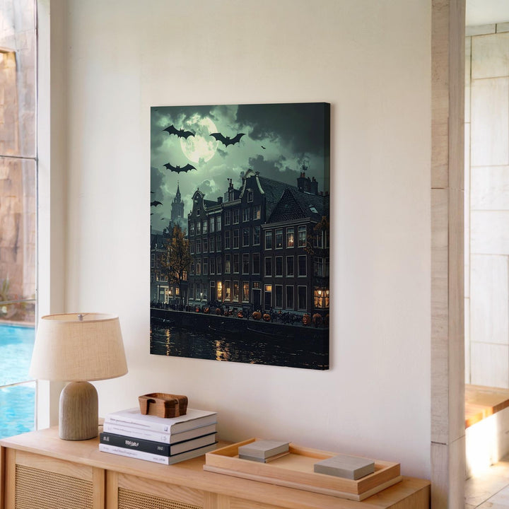 Haunted Town Silhouette Canvas – Moody Green Halloween Wall Art - Gifitto