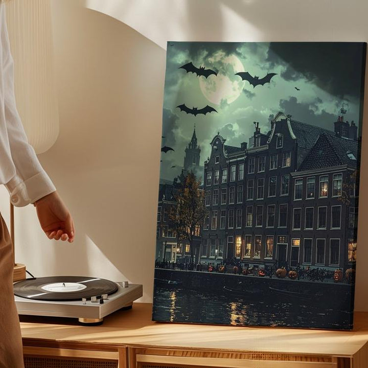 Haunted Town Silhouette Canvas – Moody Green Halloween Wall Art - Gifitto