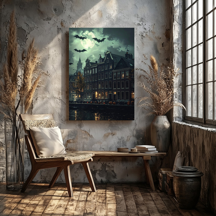 Haunted Town Silhouette Canvas – Moody Green Halloween Wall Art - Gifitto