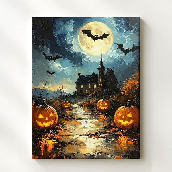 Moonlit Halloween Path Canvas – Glowing Jack-O'-Lanterns & Haunted House Scene - Gifitto