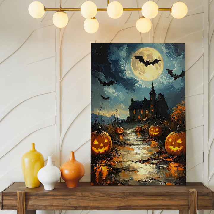 Moonlit Halloween Path Canvas – Glowing Jack-O'-Lanterns & Haunted House Scene - Gifitto