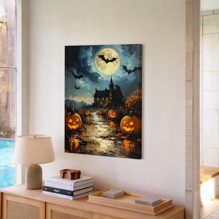 Moonlit Halloween Path Canvas – Glowing Jack-O'-Lanterns & Haunted House Scene - Gifitto