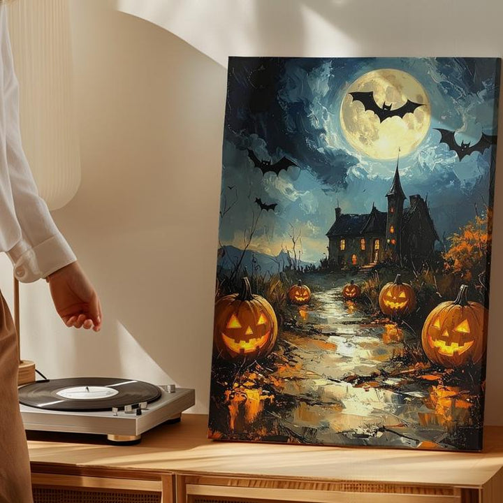 Moonlit Halloween Path Canvas – Glowing Jack-O'-Lanterns & Haunted House Scene - Gifitto
